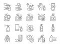 Hand sanitizer line icon set. Included icons as hand wash, hand gel, alcohol gel, alcohol spray,ÃÂ hygiene and more.